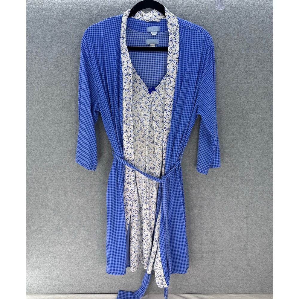 Celestial Dreams sz XL Blue Checkered Dragonfly Nightgown & Robe Cotton Granny